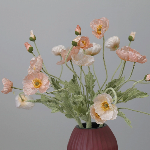 22'' SINGLE FLOCKED FLORAL POPPY SPRAY, COLORFUL SILK POPPIES: LIGHT PINK