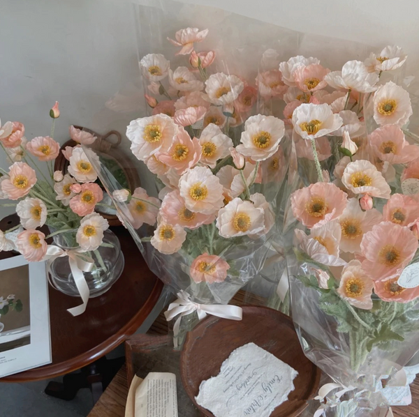 22'' SINGLE FLOCKED FLORAL POPPY SPRAY, COLORFUL SILK POPPIES: LIGHT PINK
