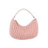 A pink nylon hobo shoulder bag with quilted details and a zip top closure, featuring silver-tone color hardware.