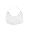 A white nylon puffy quilted hobo shoulder bag with a zip top closure and silver-tone color hardware.