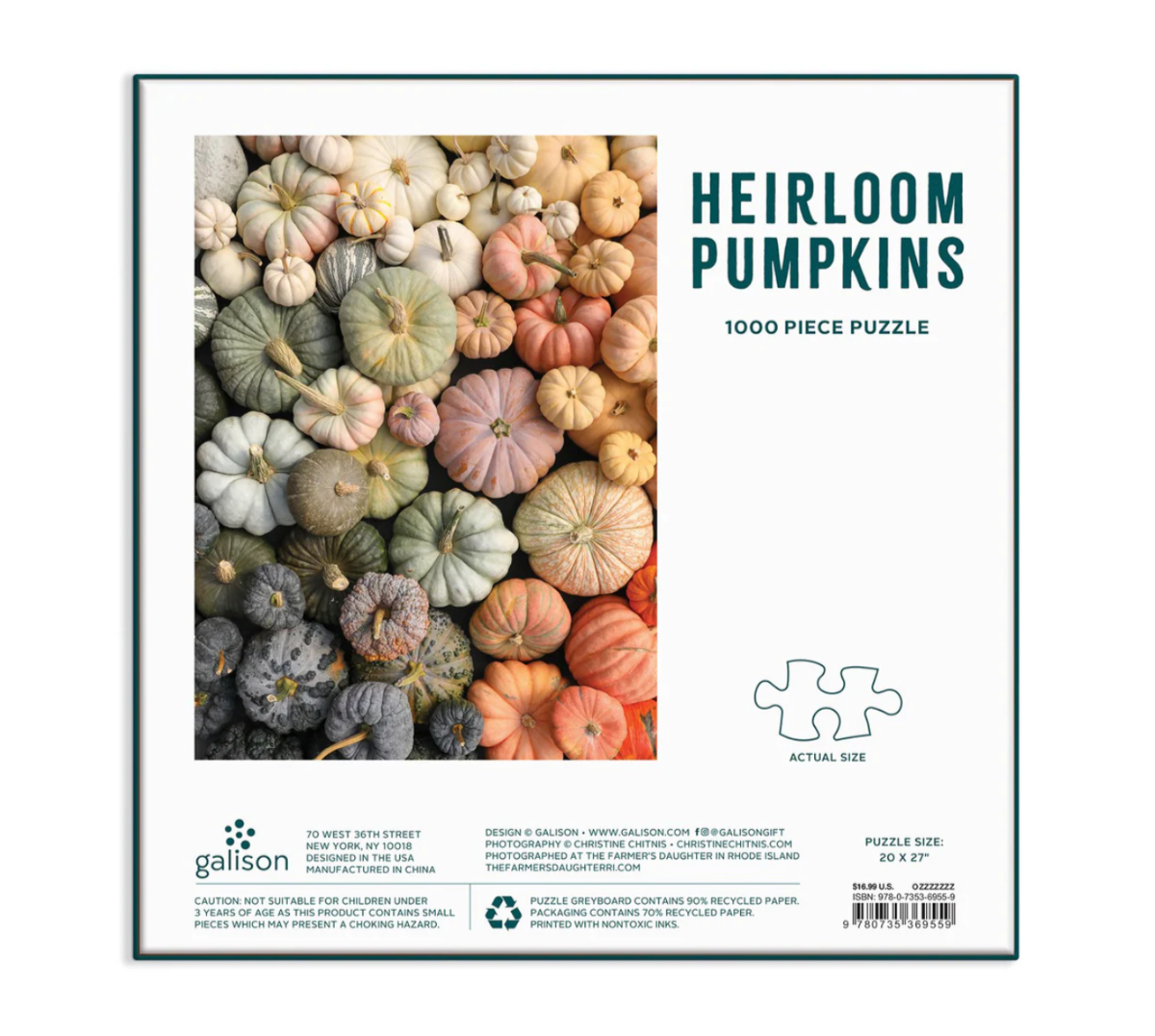Puzzle packaging with heirloom pumpkins design and Galison branding.