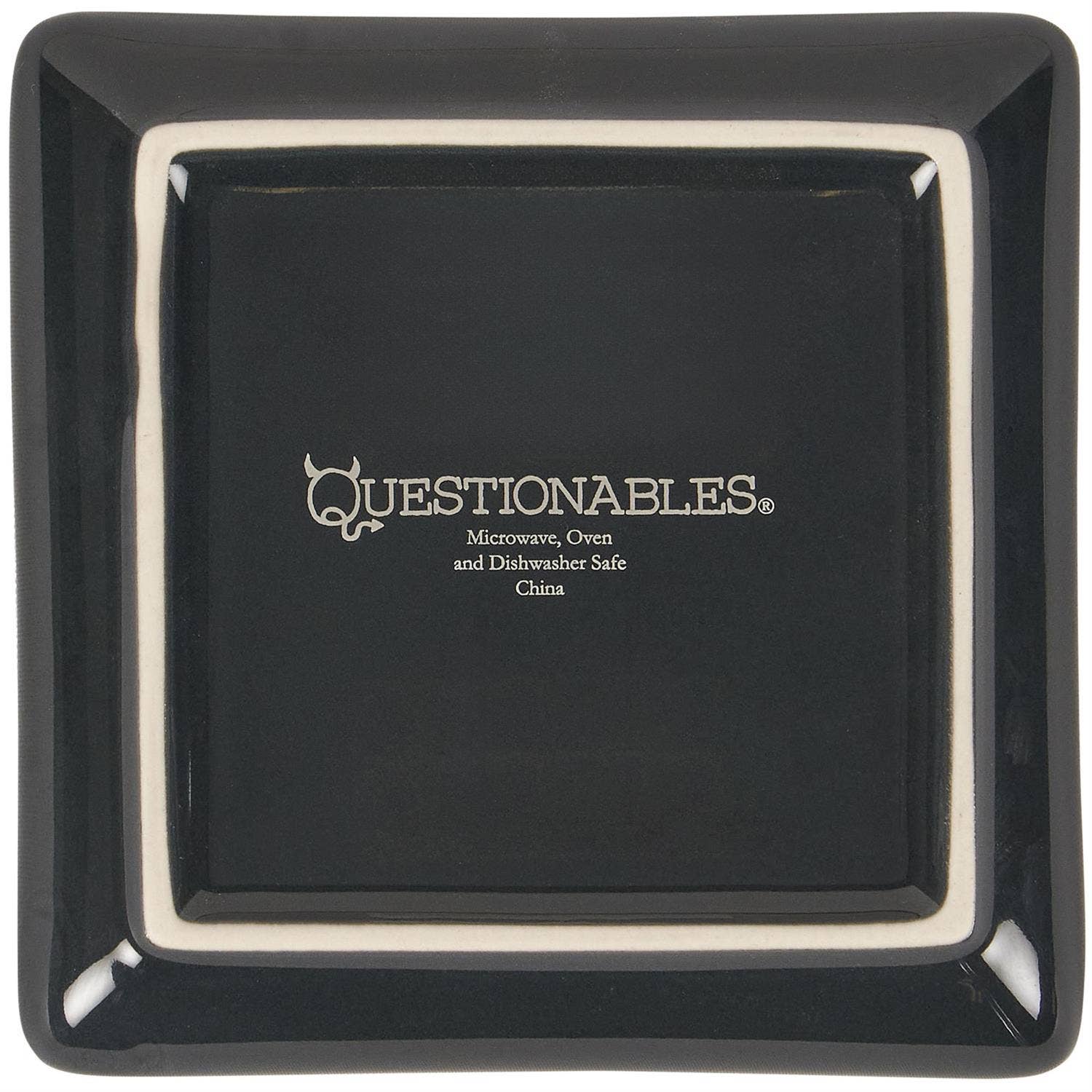 Black square plate with 'Questionables' logo and text on a black background