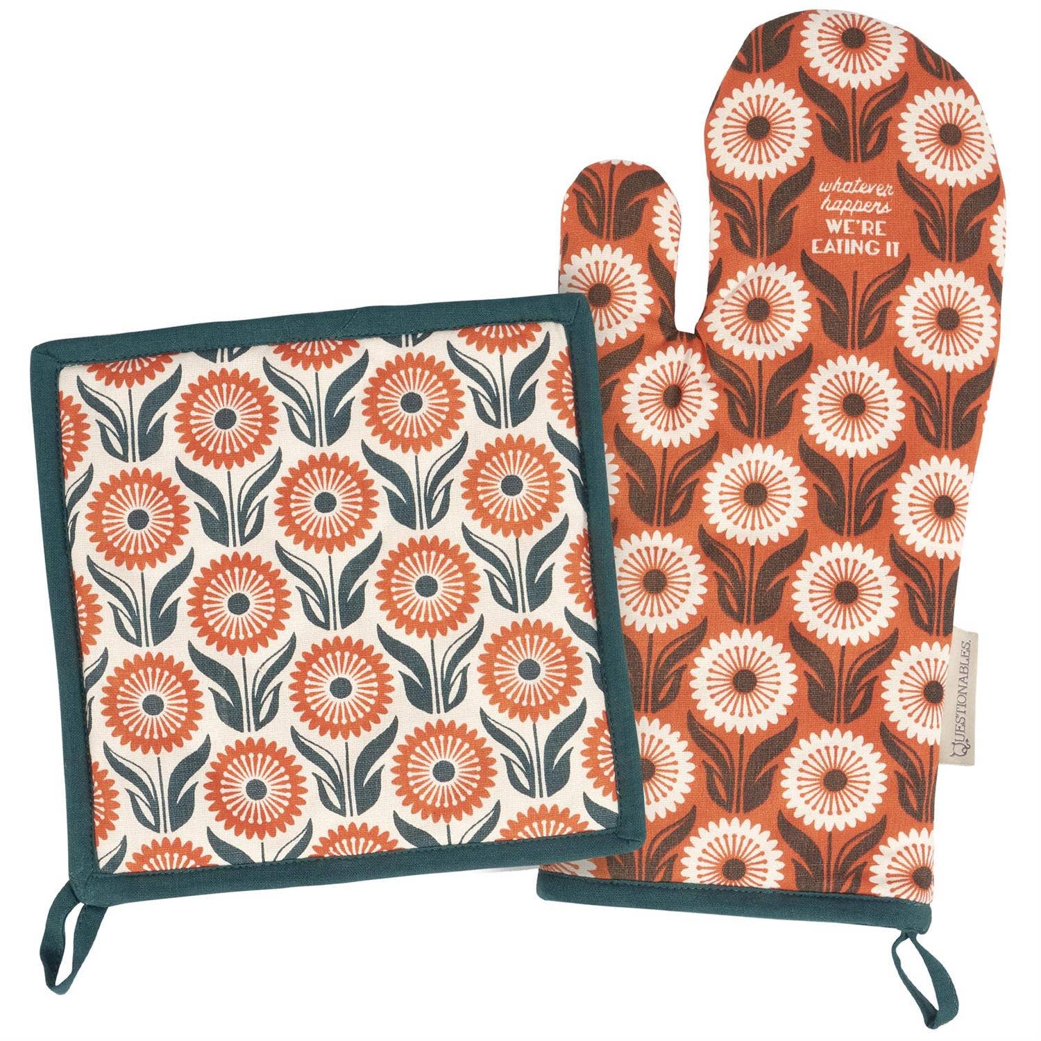 Floral patterned pot holder and oven mitt on a white background