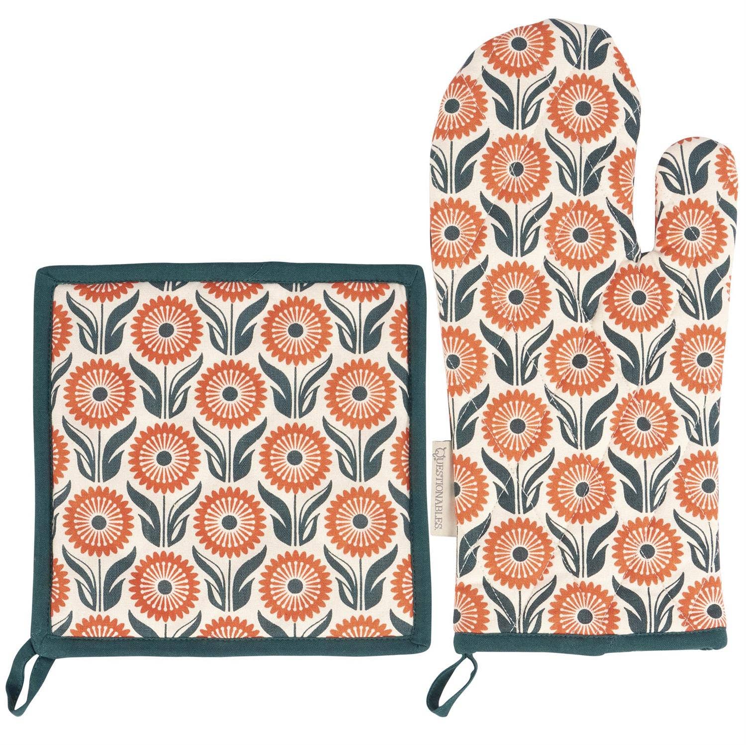 Floral patterned pot holder and oven mitt on a white background