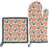 Floral patterned pot holder and oven mitt on a white background