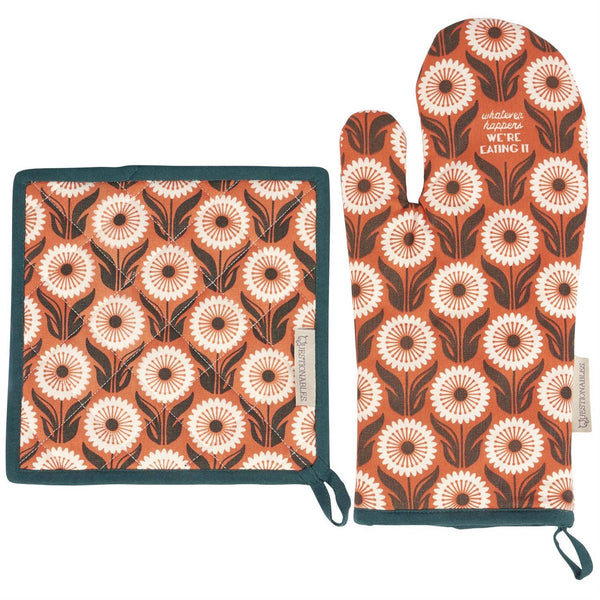 Floral patterned pot holder and oven mitt on a white background
