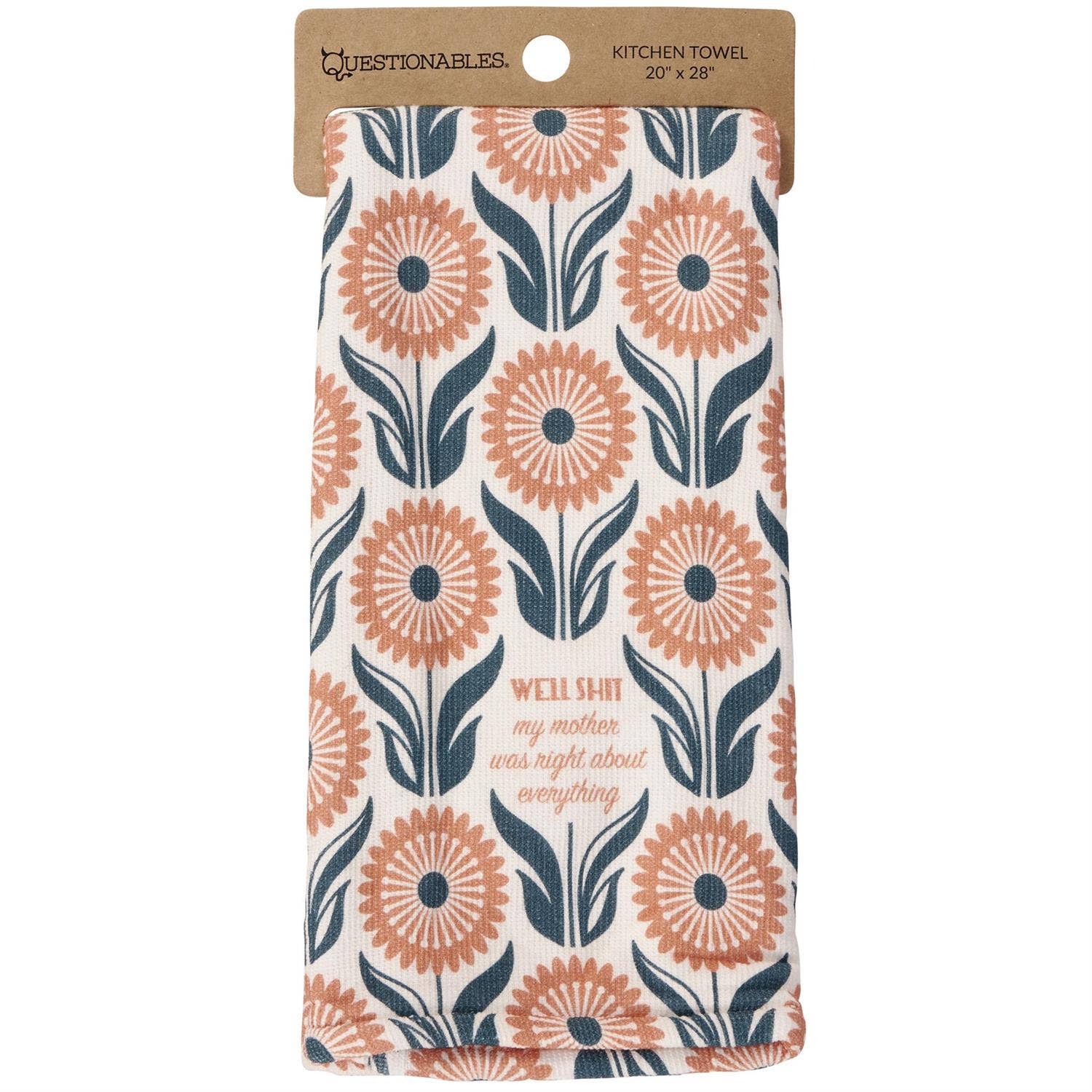Kitchen towel with floral pattern and text on a white background