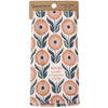 Kitchen towel with floral pattern and text on a white background