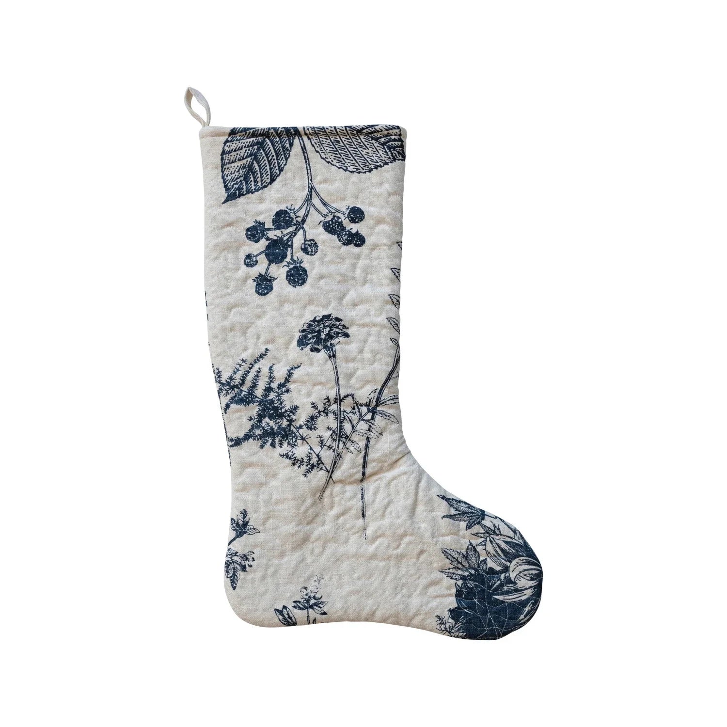 QUILTED COTTON PRINTED STOCKING W/ BOTANICAL PRINT, WHITE & BLUE