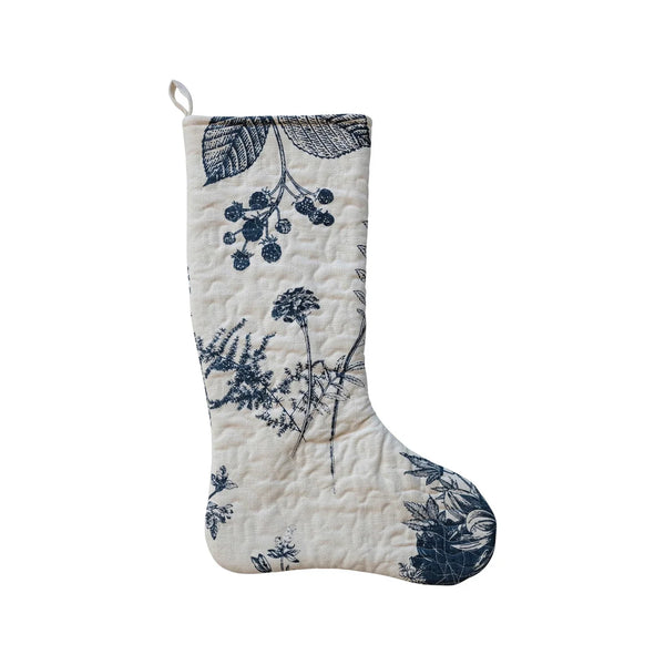 QUILTED COTTON PRINTED STOCKING W/ BOTANICAL PRINT, WHITE & BLUE