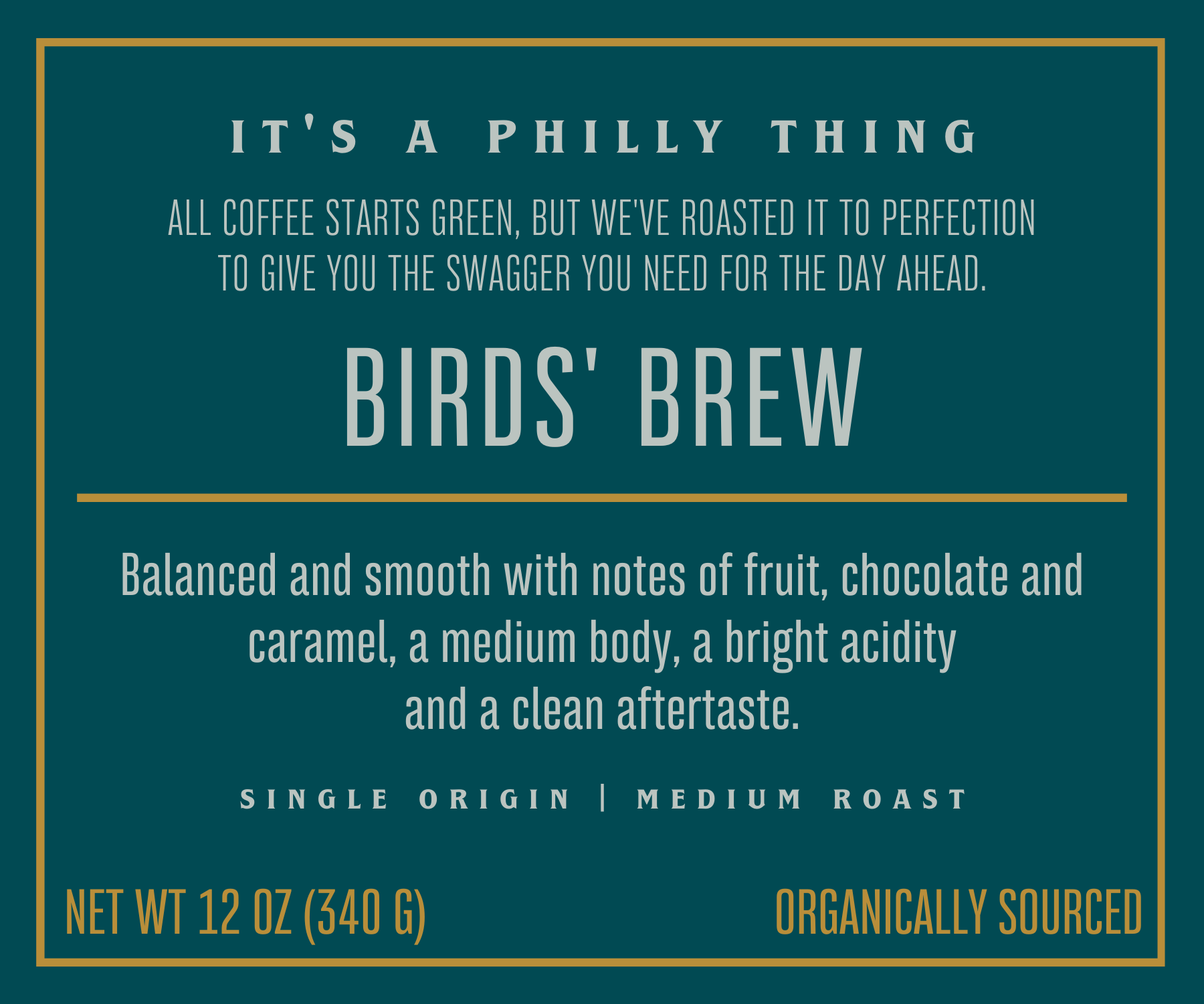 Birds' Brew coffee label with text on a teal background
