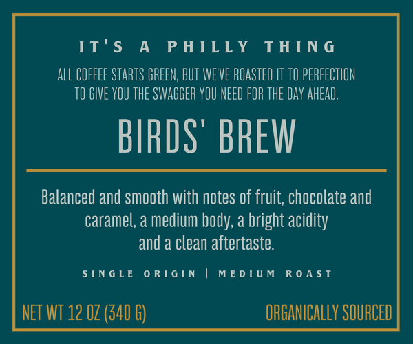 Birds' Brew coffee label with text on a teal background