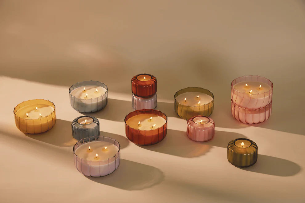 RIPPLE TRANSPARENT BOROSILICATE GLASS CANDLE AMBER 12OZ- TOBACCO PATCHOULI