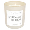 A beige candle labeled 'APPLE MAPLE BOURBON' with 'Sweet Water Decor' on the label, indicating a scent blend of apple, maple, and bourbon with a hint of cinnamon and coconut.