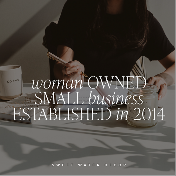 Person sitting at a table with a cup and notebook, text overlay about a woman-owned small business established in 2014.
