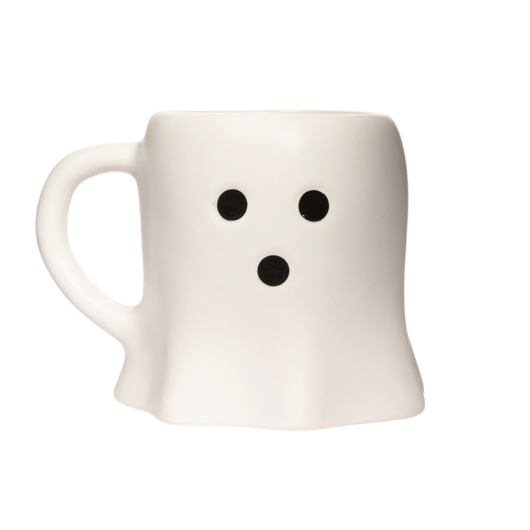 White mug with black dot eyes and mouth on a white background