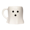 White mug with black dot eyes and mouth on a white background