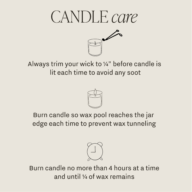 Candle care instructions with illustrations on a beige background