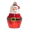 A glass ornament depicting a Santa cupcake with a red suit and white trim, designed by Eric Cortina.