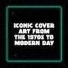 Text overlay on a black background with green border, featuring text about cover art from the 1970s to modern day.