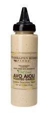 A bottle of Terrapin Ridge Farms Roasted Garlic Avo Aioli garnishing sauce.
