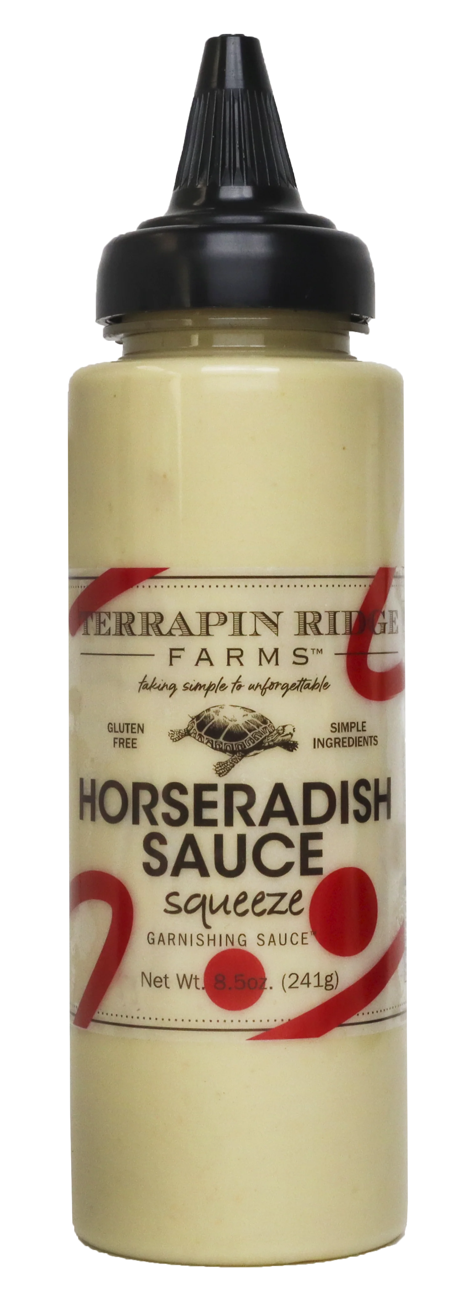A bottle of Horseradish Aioli garnishing sauce with a black squeeze dispenser.