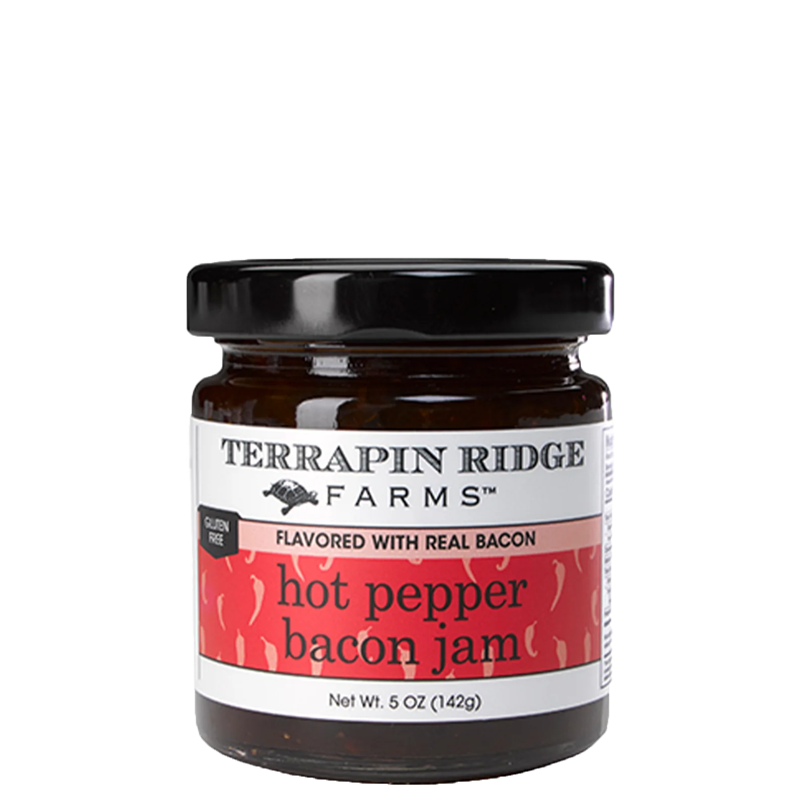 A jar of Terrapin Ridge Farms Hot Pepper Bacon Jam with the label facing forward. The net weight is indicated as 5 oz (153g).