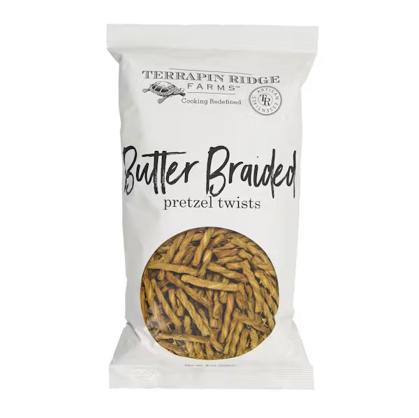 Bag of Terrapin Ridge Farms Butter Braided pretzel twists on a white background