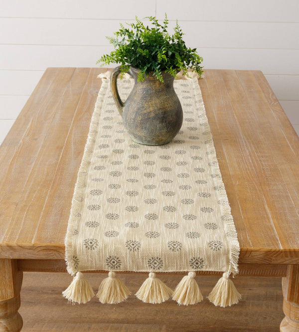 TABLE RUNNER - GREY/GREEN MEDALLION WITH TASSELS