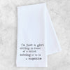 White towel with black text on a light gray background
