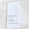 White towel with black text on a light gray background