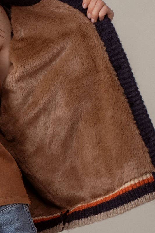 CHUNKY RIB-KNIT FAUX FUR LINED CARDIGAN