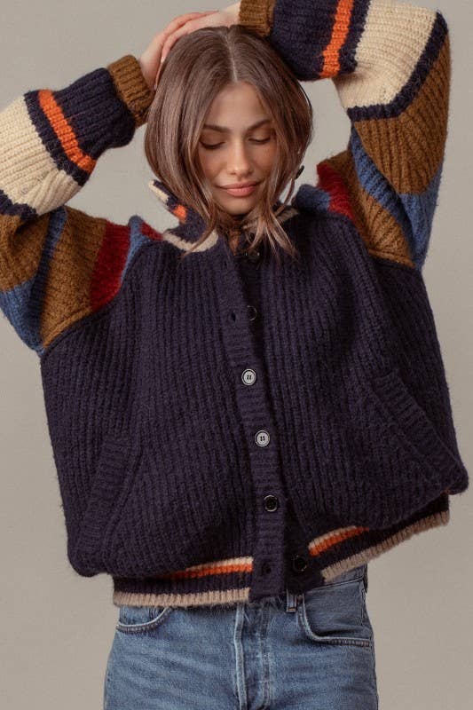 CHUNKY RIB-KNIT FAUX FUR LINED CARDIGAN