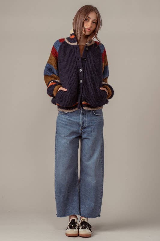 CHUNKY RIB-KNIT FAUX FUR LINED CARDIGAN