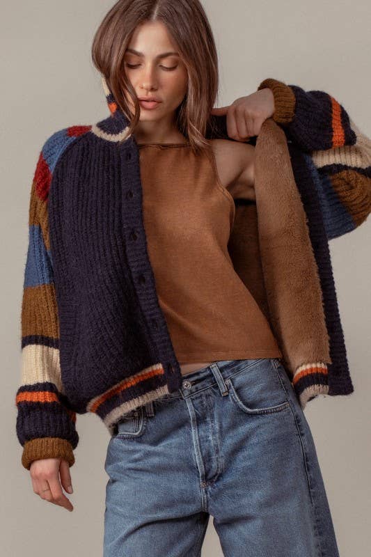CHUNKY RIB-KNIT FAUX FUR LINED CARDIGAN