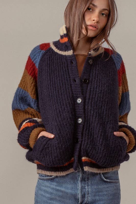 CHUNKY RIB-KNIT FAUX FUR LINED CARDIGAN