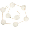 A white pom pom garland with fluffy pompoms arranged on a cord, suitable for holiday decorations.