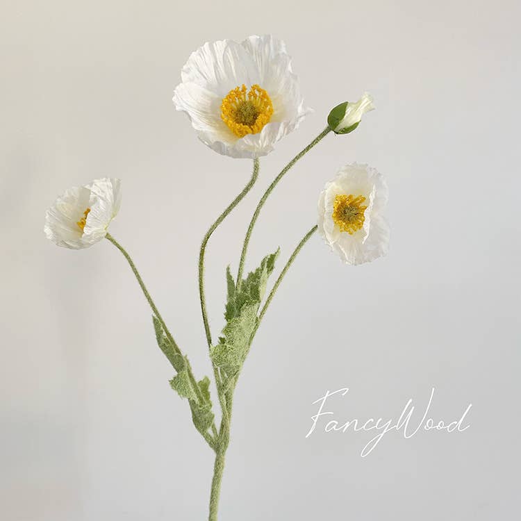 22'' SINGLE FLOCKED FLORAL POPPY SPRAY, COLORFUL SILK POPPIES: WHITE