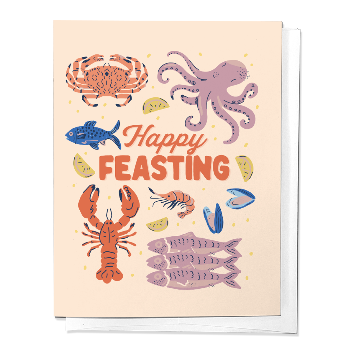A greeting card with illustrations of various sea creatures such as a crab, fish, and lobster, with the text 'Happy Feasting' displayed at the top.