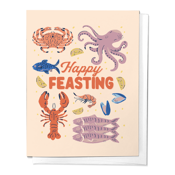 A greeting card with illustrations of various sea creatures such as a crab, fish, and lobster, with the text 'Happy Feasting' displayed at the top.