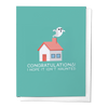 A greeting card with an illustration of a house and a ghost, with the text 'CONGRATULATIONS! I HOPE IT ISN'T HAUNTED' on the front. The card is colored in shades of blue and white.