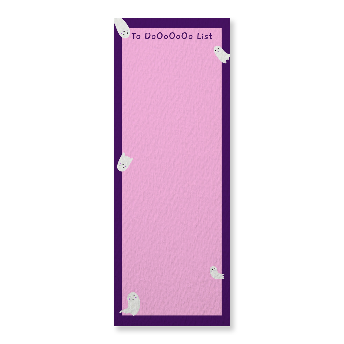 A notepad with a pink background and playful illustrations of ghosts around the edges. The notepad is titled 'To DoOoOo List' and has a space for writing.