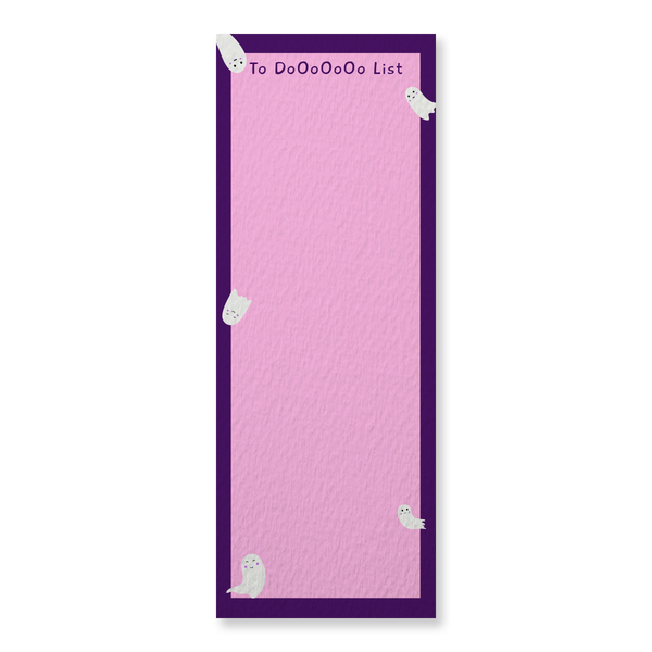 A notepad with a pink background and playful illustrations of ghosts around the edges. The notepad is titled 'To DoOoOo List' and has a space for writing.