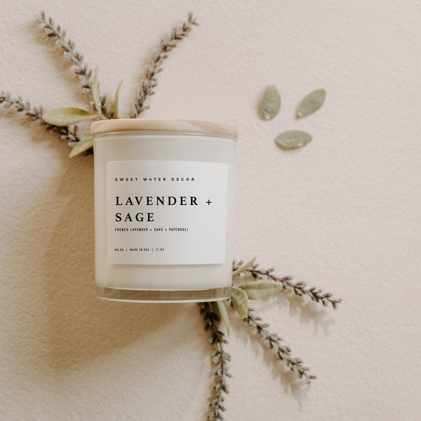 LAVENDER AND SAGE SOY CANDLE - WHITE JAR - 11 OZ