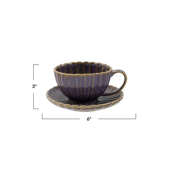 10 OZ. STONEWARE RIBBED MUG W/ SAUCER, REACTIVE GLAZE