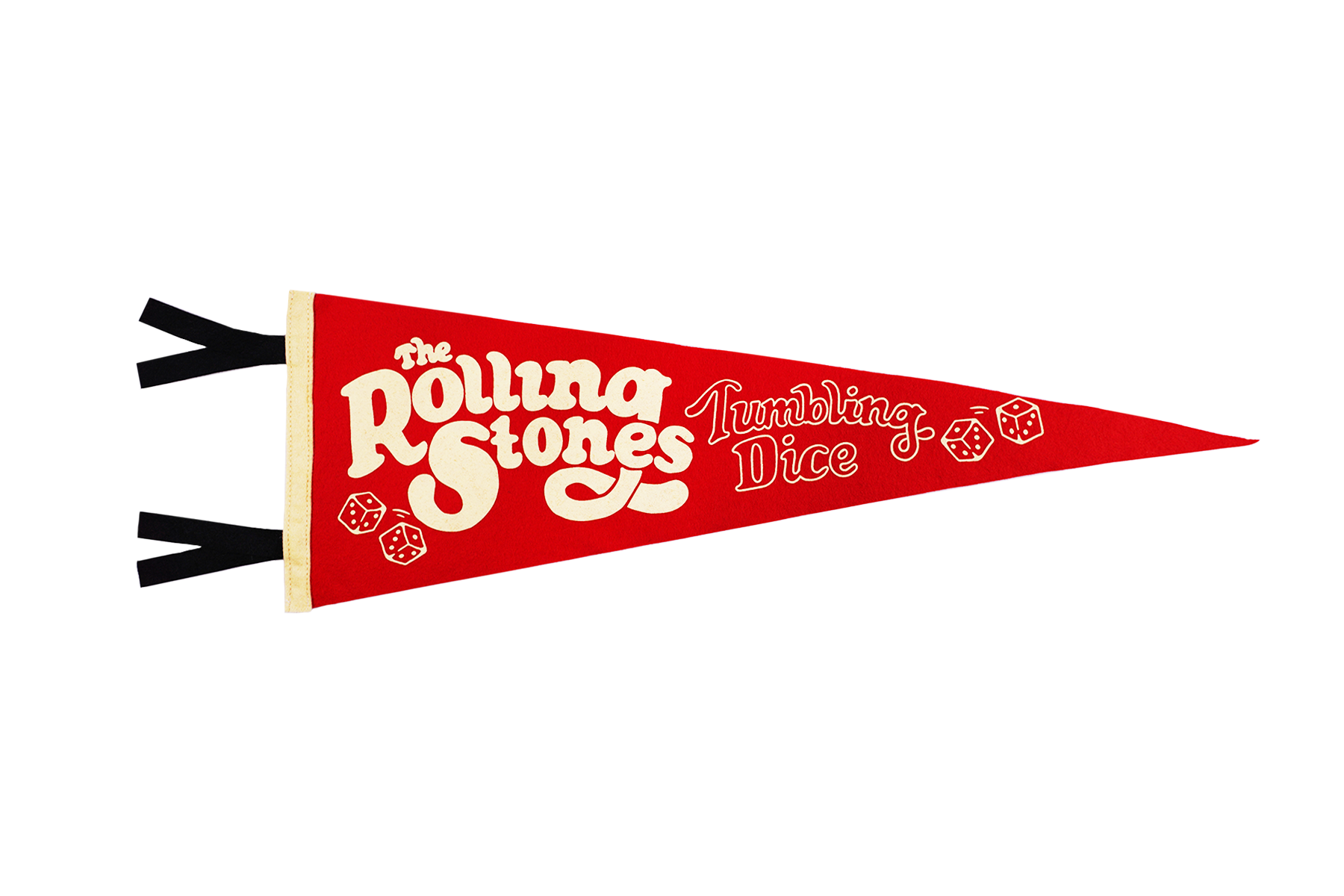 A pennant with a red body featuring the text 'The Rolling Stones' and 'Tumbling Dice' with a white background and black details.