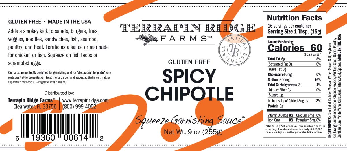 A bottle of Spicy Chipotle Garnishing Sauce by Terrapin Ridge Farms, with a label that includes the product name and a brief description.