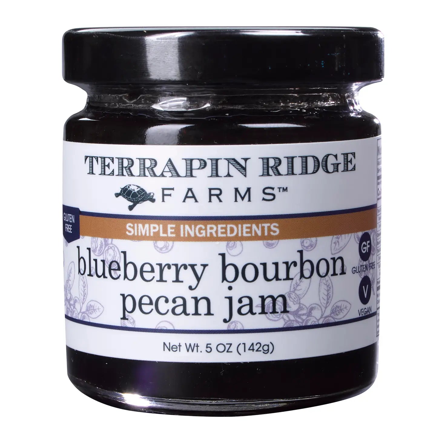 A jar of Blueberry Bourbon Pecan Jam labeled Terrapin Ridge Farms with a net weight of 5 oz (142g).