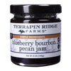 A jar of Blueberry Bourbon Pecan Jam labeled Terrapin Ridge Farms with a net weight of 5 oz (142g).