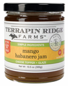 A jar of Terrapin Ridge Farms Mango Habanero Jam with the label facing forward. The label indicates the jam is a cheese topper and that it is GMO-free.